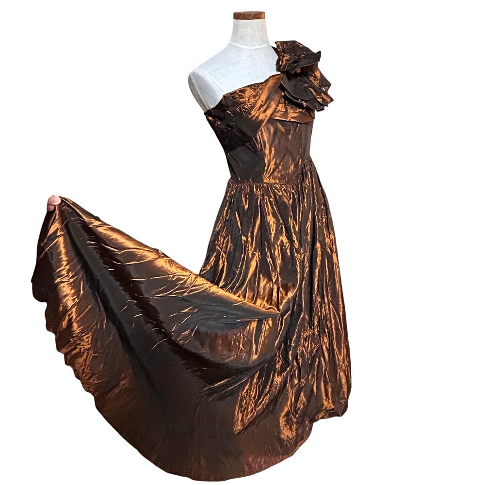 Vintage Fred Perlberg Copper Taffeta One Shoulder Gown SIZE S Formal Maxi Glam